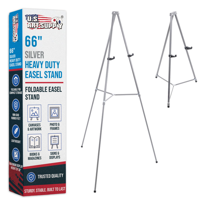 66" High Gallery Silver Metal Display Easel - Large Adjustable Height Portable Easel Stand, Sign Display, Holds 25 lbs - Floor & Tabletop Easels, Painting Stand