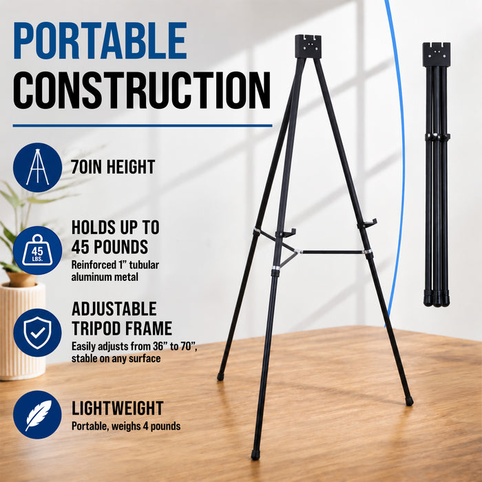 70" High Showroom XL Silver Metal Display Easel - Large Adjustable Height Portable Easel Stand, Sign Display, Holds 45 lbs - Floor & Tabletop Easels, Painting Stand
