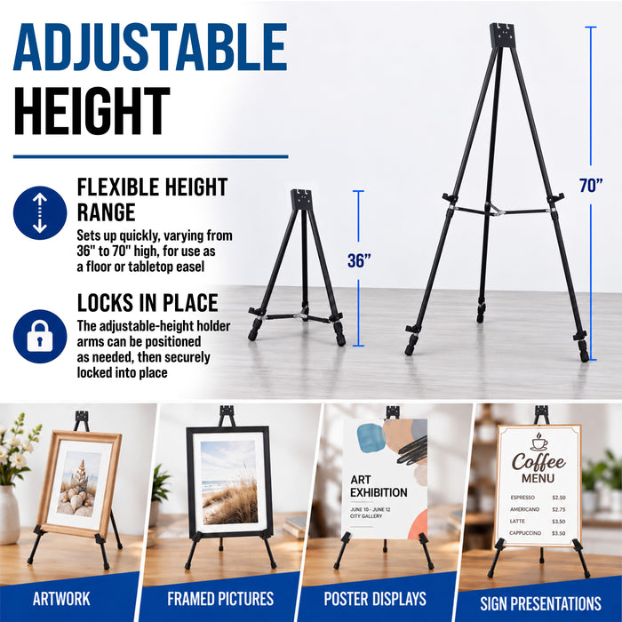 70" High Showroom XL Silver Metal Display Easel - Large Adjustable Height Portable Easel Stand, Sign Display, Holds 45 lbs - Floor & Tabletop Easels, Painting Stand