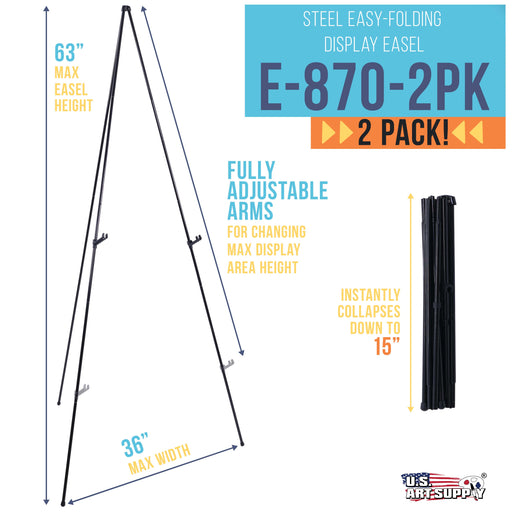 63" High Steel Easy Folding Display Easel (Pack of 2) - Quick Set-Up, Instantly Collapses, Adjustable Height Display Holders - Portable Tripod Stand