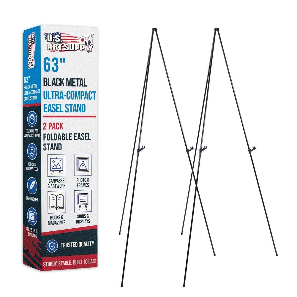 63" High Metal Folding Display Easel (2 Pack) - Adjustable Height, Instantly Collapses, Holds 5 lbs - Portable Art Easel Stand - For Sign, Poster, Canvas, Painting, Picture Display