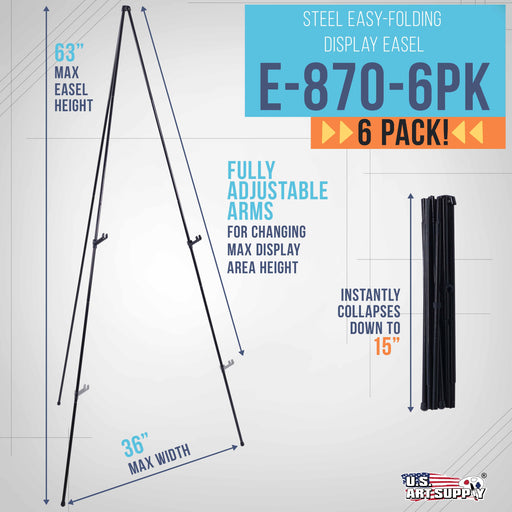 U.S. Art Supply 63" High Metal Folding Display Easel (6 Pack) - Adjustable Height, Instantly Collapses, Holds 5 lbs - Portable Art Easel Stand - For Sign, Poster, Canvas, Painting, Picture Display