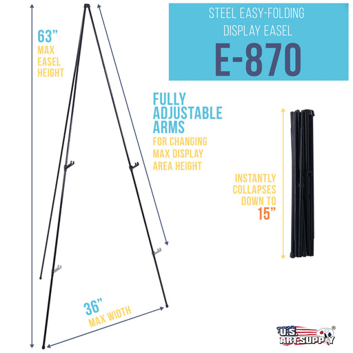 63" High Steel "EASY-FOLDING™" Display Easel - Quick Set-Up, Instantly Collapses, Adjustable Height Display Holders - Portable Tripod Stand, Event Signs