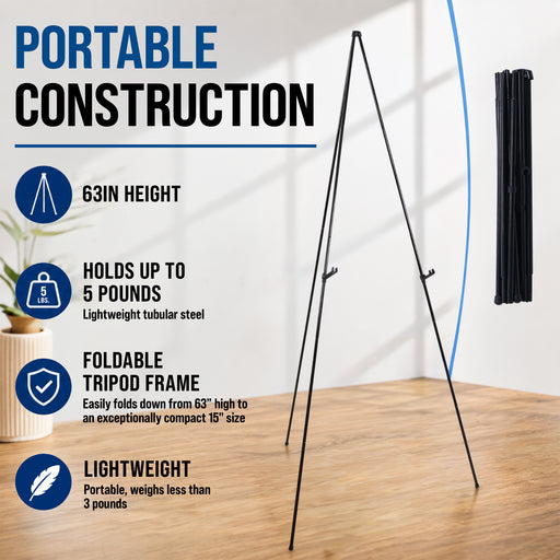 63" High Metal Folding Display Easel - Adjustable Height, Instantly Collapses, Holds 5 lbs - Portable Art Easel Stand - For Sign, Poster, Canvas, Painting, Picture Display