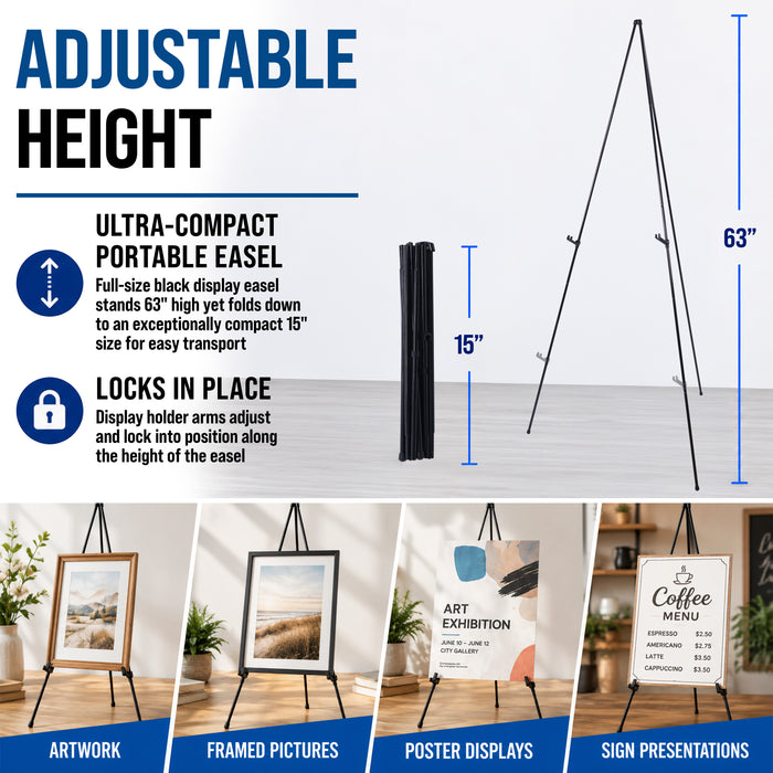 63" High Metal Folding Display Easel - Adjustable Height, Instantly Collapses, Holds 5 lbs - Portable Art Easel Stand - For Sign, Poster, Canvas, Painting, Picture Display