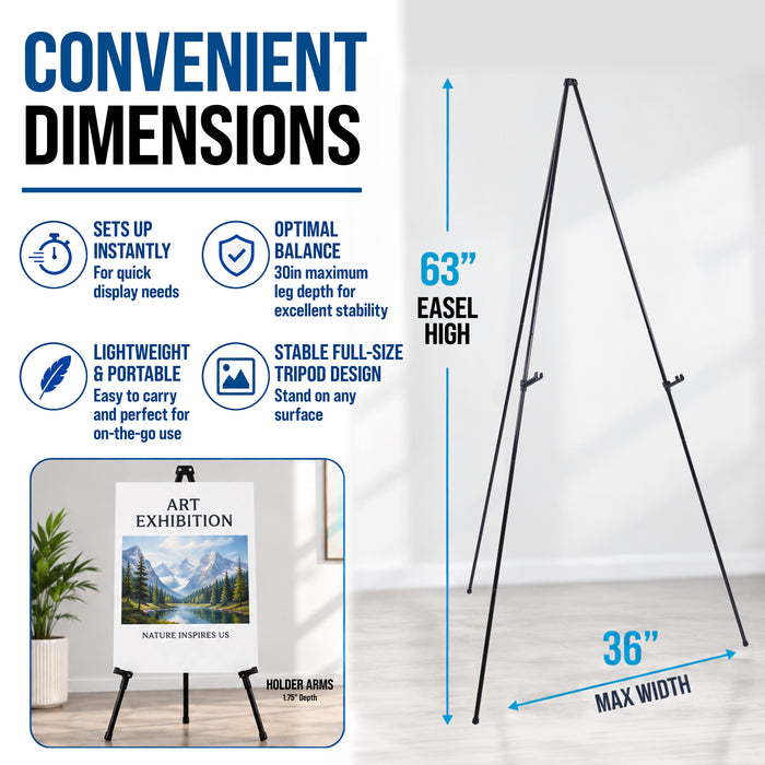 63" High Metal Folding Display Easel - Adjustable Height, Instantly Collapses, Holds 5 lbs - Portable Art Easel Stand - For Sign, Poster, Canvas, Painting, Picture Display