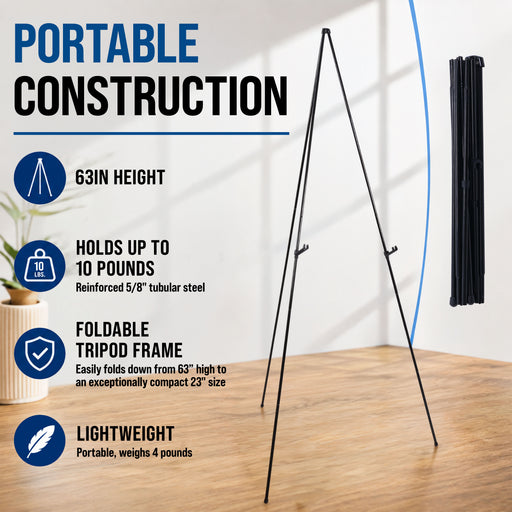 63" High Heavy Duty Metal Folding Display Easel (6 Pack) - Adjustable Height, Holds 10 lbs - Portable Art Easel Stand - For Sign, Poster, Canvas, Painting, Picture Display