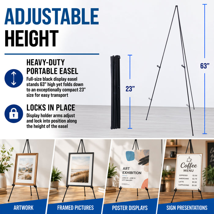 63" High Heavy Duty Metal Folding Display Easel (6 Pack) - Adjustable Height, Holds 10 lbs - Portable Art Easel Stand - For Sign, Poster, Canvas, Painting, Picture Display
