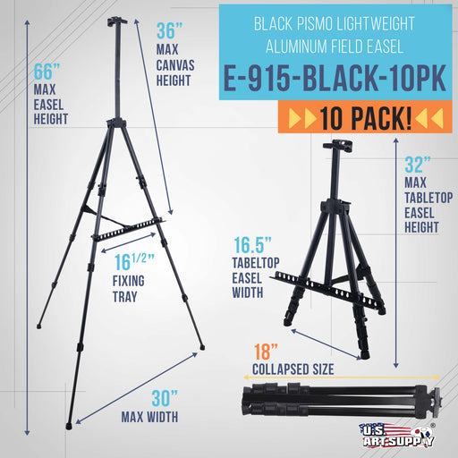 66" Black Metal Tripod Easel Display (10 Pack) - Adjustable 20"- 5.5', Holds 32" Canvas - Floor/Tabletop Easel Stand, For Sign Display, Painting, Poster Board, Canvas - Portable Bag