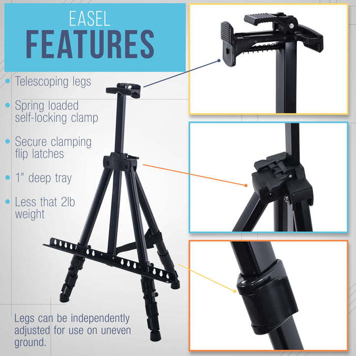 66" Black Metal Tripod Easel Display (4 Pack) - Adjustable 20"- 5.5', Holds 32" Canvas - Floor/Tabletop Easel Stand, For Sign Display, Painting, Poster Board, Canvas - Portable Bag