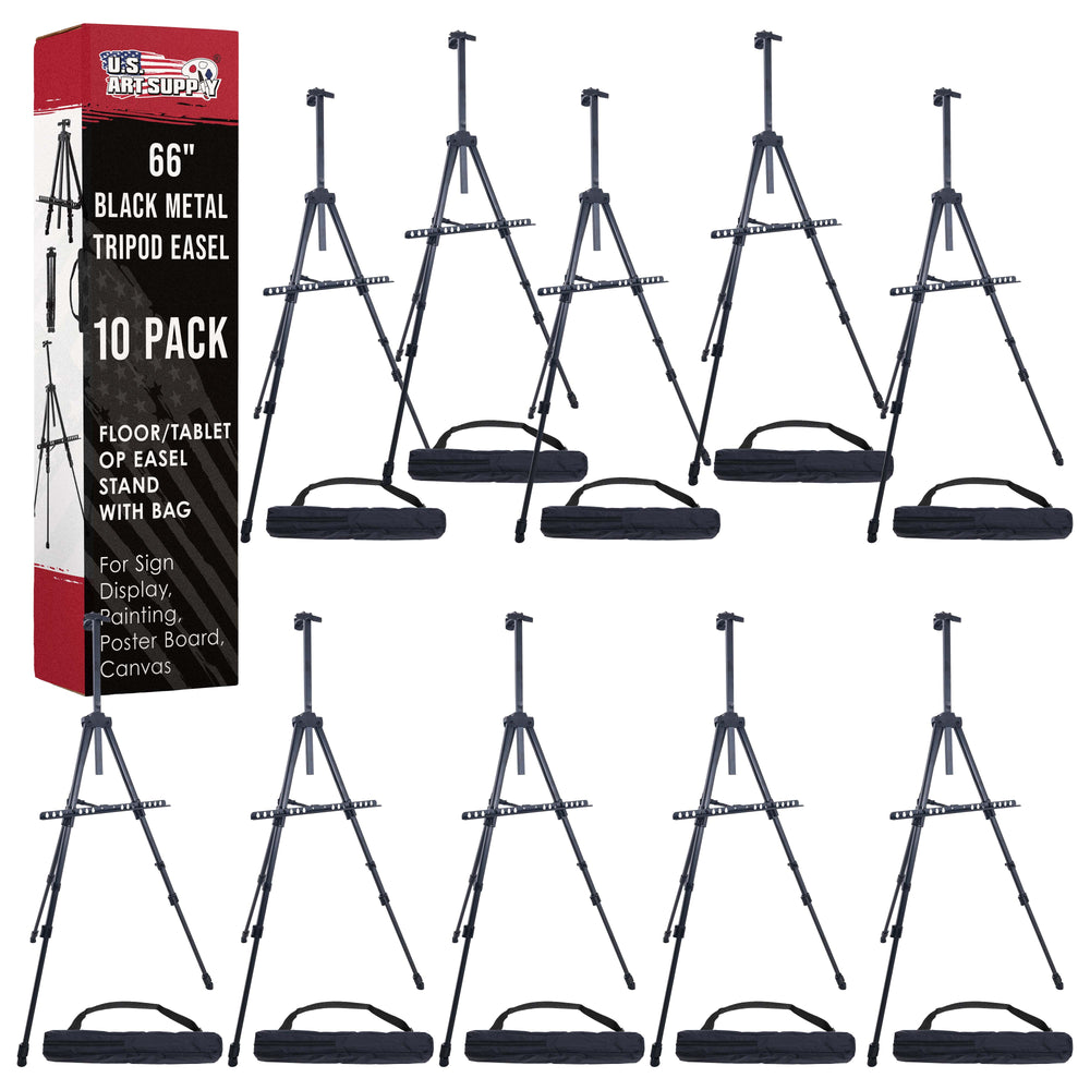 66" Black Metal Tripod Easel Display (10 Pack) - Adjustable 20"- 5.5', Holds 32" Canvas - Floor/Tabletop Easel Stand, For Sign Display, Painting, Poster Board, Canvas - Portable Bag