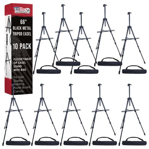 66" Black Metal Tripod Easel Display (10 Pack) - Adjustable 20"- 5.5', Holds 32" Canvas - Floor/Tabletop Easel Stand, For Sign Display, Painting, Poster Board, Canvas - Portable Bag