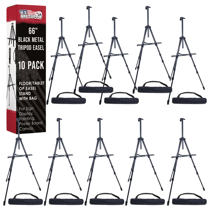 66" Black Metal Tripod Easel Display (10 Pack) - Adjustable 20"- 5.5', Holds 32" Canvas - Floor/Tabletop Easel Stand, For Sign Display, Painting, Poster Board, Canvas - Portable Bag