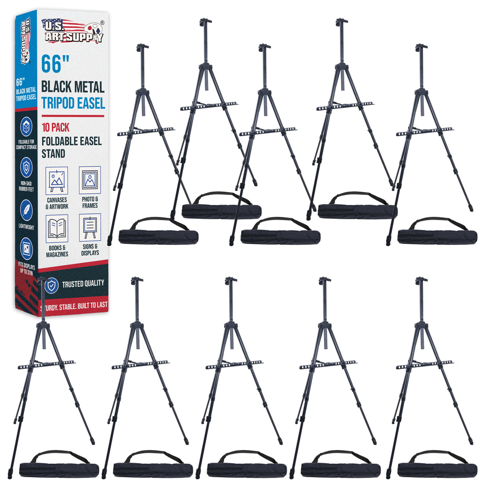 66" Black Metal Tripod Easel Display (10 Pack) - Adjustable 20"- 5.5', Holds 32" Canvas - Floor/Tabletop Easel Stand, For Sign Display, Painting, Poster Board, Canvas - Portable Bag