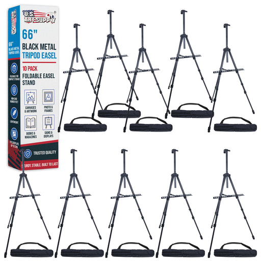 66" Black Metal Tripod Easel Display (10 Pack) - Adjustable 20"- 5.5', Holds 32" Canvas - Floor/Tabletop Easel Stand, For Sign Display, Painting, Poster Board, Canvas - Portable Bag