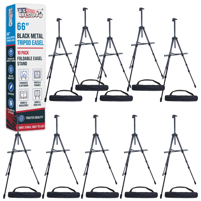 66" Black Metal Tripod Easel Display (10 Pack) - Adjustable 20"- 5.5', Holds 32" Canvas - Floor/Tabletop Easel Stand, For Sign Display, Painting, Poster Board, Canvas - Portable Bag
