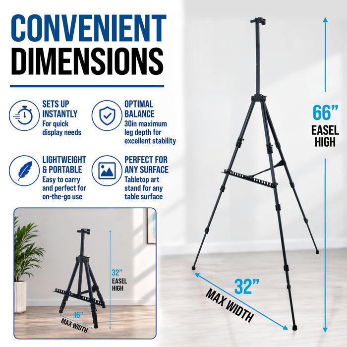 66" Black Metal Tripod Easel Display (2 Pack) - Adjustable 20"- 5.5', Holds 32" Canvas - Floor/Tabletop Easel Stand, For Sign Display, Painting, Poster Board, Canvas - Portable Bag