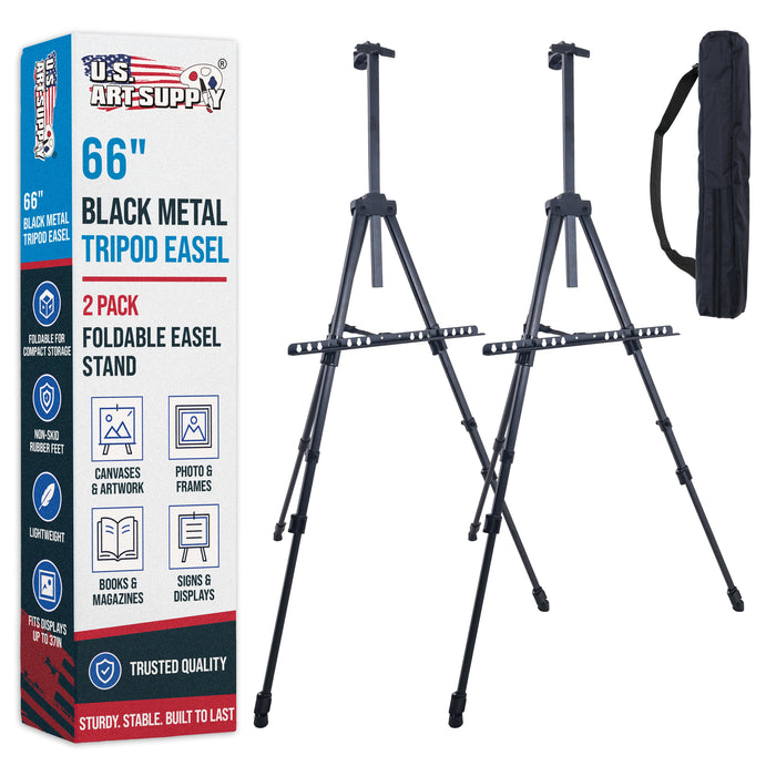 66" Black Metal Tripod Easel Display (2 Pack) - Adjustable 20"- 5.5', Holds 32" Canvas - Floor/Tabletop Easel Stand, For Sign Display, Painting, Poster Board, Canvas - Portable Bag