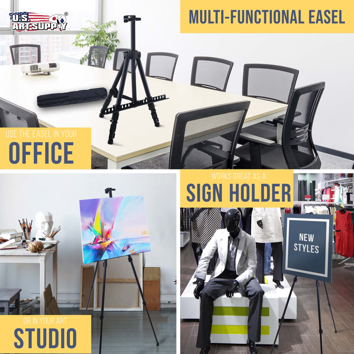 U.S. Art Supply 66" Black Metal Tripod Easel Display (4 Pack) - Adjustable 20"- 5.5', Holds 32" Canvas - Floor/Tabletop Easel Stand, For Sign Display, Painting, Poster Board, Canvas - Portable Bag