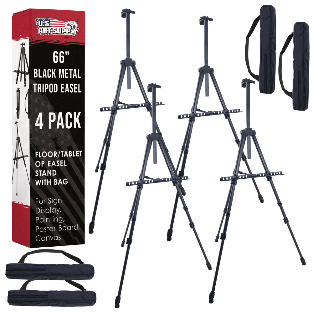 66" Black Metal Tripod Easel Display (4 Pack) - Adjustable 20"- 5.5', Holds 32" Canvas - Floor/Tabletop Easel Stand, For Sign Display, Painting, Poster Board, Canvas - Portable Bag