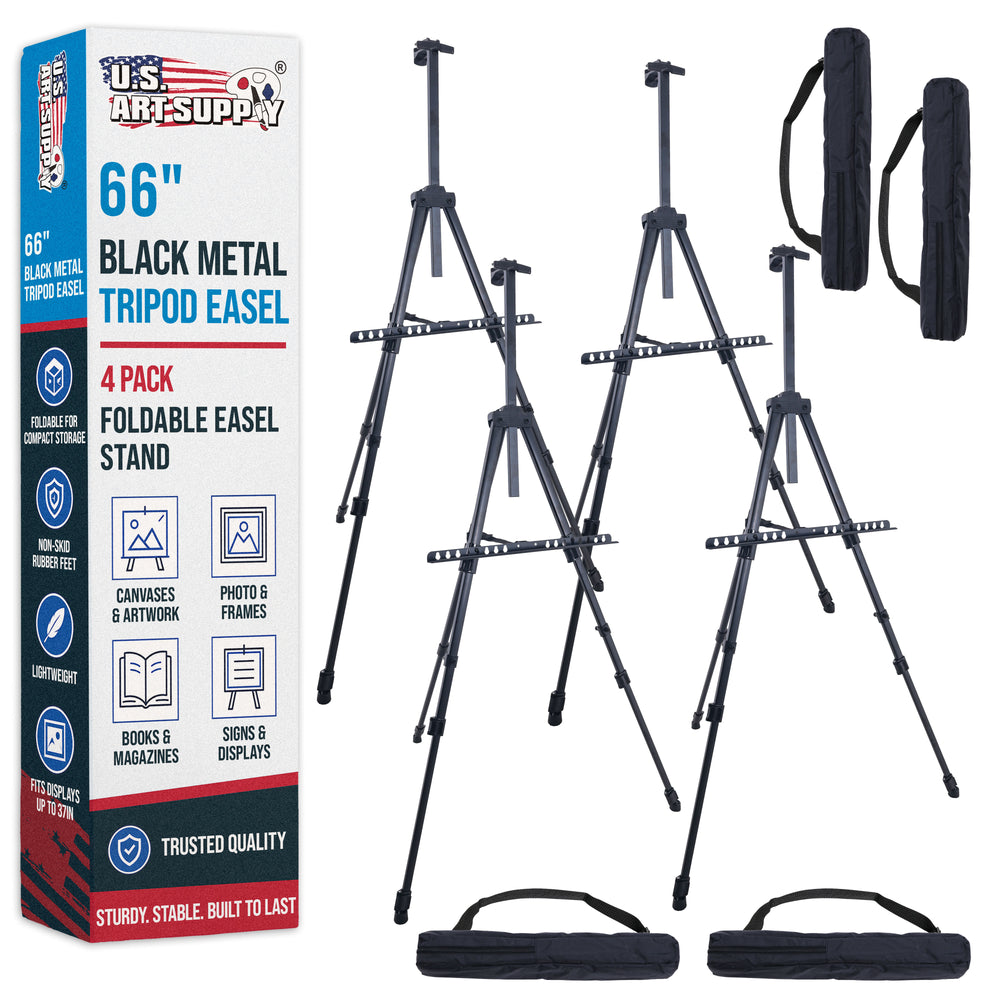 66" Black Metal Tripod Easel Display (4 Pack) - Adjustable 20"- 5.5', Holds 32" Canvas - Floor/Tabletop Easel Stand, For Sign Display, Painting, Poster Board, Canvas - Portable Bag