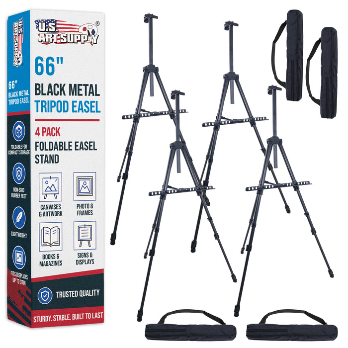 66" Black Metal Tripod Easel Display (4 Pack) - Adjustable 20"- 5.5', Holds 32" Canvas - Floor/Tabletop Easel Stand, For Sign Display, Painting, Poster Board, Canvas - Portable Bag