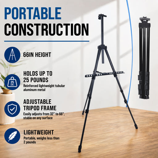 66" Black Metal Tripod Easel Display - Adjustable 20"- 5.5', Holds 32" Canvas - Floor/Tabletop Easel Stand, For Sign Display, Painting, Poster Board, Canvas - Portable Bag