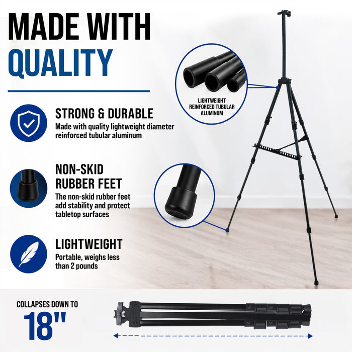 66" Black Metal Tripod Easel Display - Adjustable 20"- 5.5', Holds 32" Canvas - Floor/Tabletop Easel Stand, For Sign Display, Painting, Poster Board, Canvas - Portable Bag