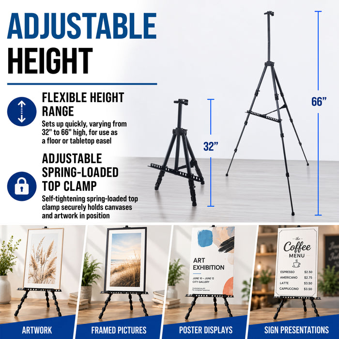 66" Black Metal Tripod Easel Display - Adjustable 20"- 5.5', Holds 32" Canvas - Floor/Tabletop Easel Stand, For Sign Display, Painting, Poster Board, Canvas - Portable Bag