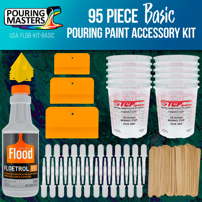 1 Quart Floetrol Additive Pouring Supply Paint Medium Basic Kit for Mixing, Stain, Epoxy, Resin - Plastic Cups, Mini Painting Stands, Spreaders