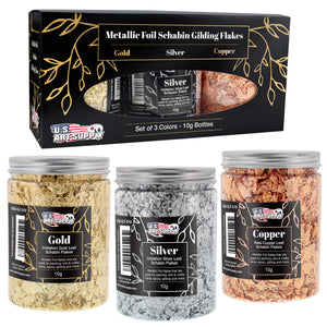 Metallic Foil Schabin Gilding Flakes (3 Pack), Imitation Copper, Silver & Gold 10 Gram Bottles - Metal Leaf Foil Flakes for Resin, Nails, Crafts, Painting, Jewelry, Slime
