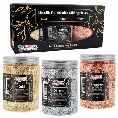 Metallic Foil Schabin Gilding Flakes (3 Pack), Imitation Copper, Silver & Gold 10 Gram Bottles - Metal Leaf Foil Flakes for Resin, Nails, Crafts, Painting, Jewelry, Slime