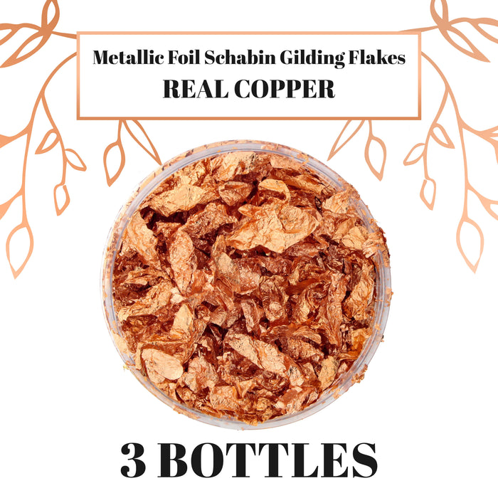 U.S. Art Supply Metallic Foil Schabin Gilding Genuine Copper Leaf Flakes, 3 Bottles - Gild Picture Frames, Decorate Epoxy Resin Nails Jewelry Slime