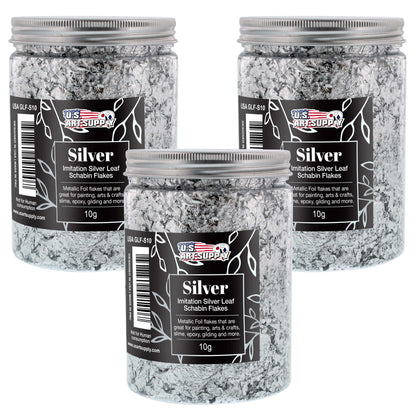 Metallic Foil Schabin Gilding Flakes (3 Pack), Imitation Silver 10 Gram Bottles - Metal Leaf Foil Flakes for Resin, Nails, Crafts, Painting, Jewelry, Slime