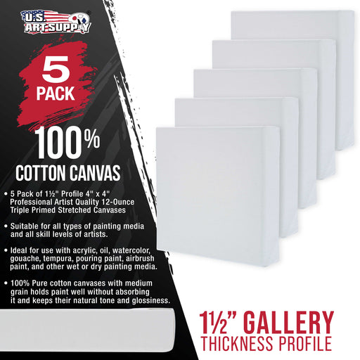 5-Pack Bulk Stretched Canvas for Painting 4 x 4 inch, Gallery Depth 1-1/2" Profile - 12oz Acrylic Gesso Triple Primed, Professional Artist Quality, 100% Cotton - Oil, Pouring Paint