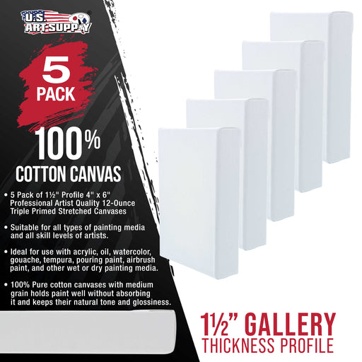 4 x 6 inch Gallery Depth 1-1/2" Profile Stretched Canvas, 5-Pack - 12-Ounce Acrylic Gesso Triple Primed, - Professional Artist Quality, 100% Cotton