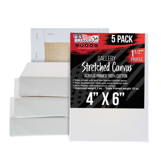 4 x 6 inch Gallery Depth 1-1/2" Profile Stretched Canvas, 5-Pack - 12-Ounce Acrylic Gesso Triple Primed, - Professional Artist Quality, 100% Cotton