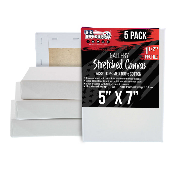 5 x 7 inch Gallery Depth 1-1/2" Profile Stretched Canvas, 5-Pack - 12-Ounce Acrylic Gesso Triple Primed, - Professional Artist Quality, 100% Cotton