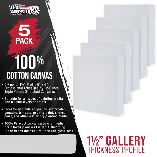 6 x 6 inch Gallery Depth 1-1/2" Profile Stretched Canvas, 5-Pack - 12-Ounce Acrylic Gesso Triple Primed, - Professional Artist Quality, 100% Cotton