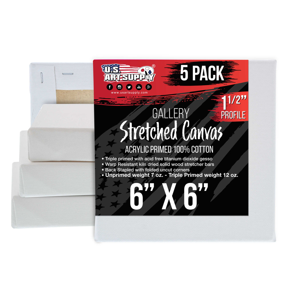 6 x 6 inch Gallery Depth 1-1/2" Profile Stretched Canvas, 5-Pack - 12-Ounce Acrylic Gesso Triple Primed, - Professional Artist Quality, 100% Cotton