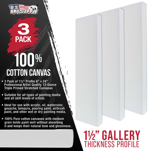 6" x 24" Gallery Depth 1-1/2" Profile Stretched Canvas 3-Pack - Acrylic Gesso Triple Primed 12-ounce 100% Cotton Acid-Free Back Stapled