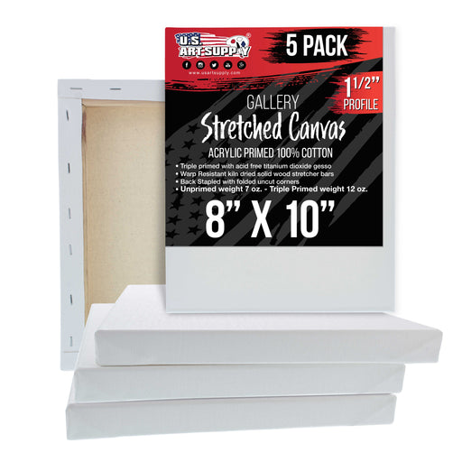 8 x 10 inch Gallery Depth 1-1/2" Profile Stretched Canvas, 5-Pack - 12-Ounce Acrylic Gesso Triple Primed, - Professional Artist Quality, 100% Cotton