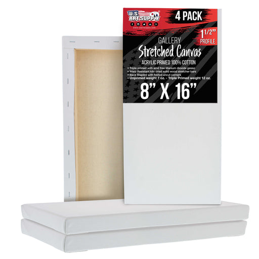8 x 16 inch Gallery Depth 1-1/2" Profile Stretched Canvas, 4-Pack - 12-Ounce Acrylic Gesso Triple Primed, - Professional Artist Quality, 100% Cotton