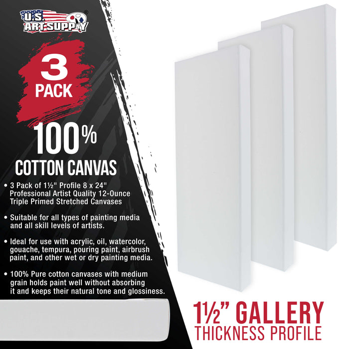 8" x 24" Gallery Depth 1-1/2" Profile Stretched Canvas 3-Pack - Acrylic Gesso Triple Primed 12-ounce 100% Cotton Acid-Free Back Stapled