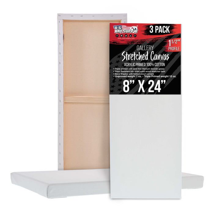 8" x 24" Gallery Depth 1-1/2" Profile Stretched Canvas 3-Pack - Acrylic Gesso Triple Primed 12-ounce 100% Cotton Acid-Free Back Stapled