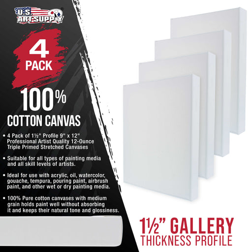 9 x 12 inch Gallery Depth 1-1/2" Profile Stretched Canvas, 4-Pack - 12-Ounce Acrylic Gesso Triple Primed, - Professional Artist Quality, 100% Cotton