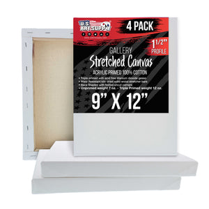 Medium Stretched Canvas for Painting 9x12 inch Gallery Depth 1-1/2" Thick, 4-Pack - 12oz Acrylic Gesso Triple Primed, Professional Artist Quality, 100% Cotton - Oil, Pouring Paint