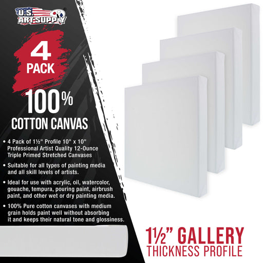 10 x 10 inch Gallery Depth 1-1/2" Profile Stretched Canvas, 4-Pack - 12-Ounce Acrylic Gesso Triple Primed, - Professional Artist Quality, 100% Cotton
