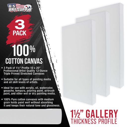 10 x 20 inch Gallery Depth 1-1/2" Profile Stretched Canvas, 3-Pack - 12-Ounce Acrylic Gesso Triple Primed, - Professional Artist Quality, 100% Cotton