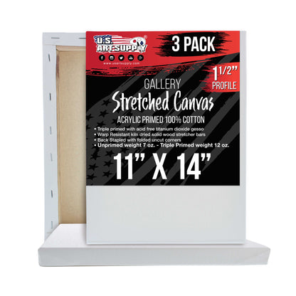 Medium Stretched Canvas for Painting 11x14 inch Gallery Depth 1-1/2" Profile, 3-Pack - 12oz Acrylic Gesso Triple Primed, Professional Artist Quality, 100% Cotton - Oil, Pouring Paint